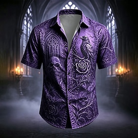 Halloween Men's Rose Skulls Button Down Shirt Casual Shirt Button Up Shirt Short Sleeve Casual Streetwear Vacation Carnival Summer Collared Shirts Button Up 3D