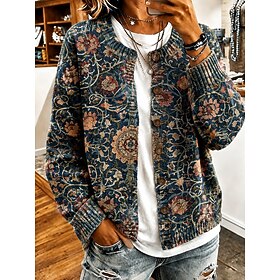 Women's Cardigan Vacation Vintage Fashion Geometric Paisley Ribbed Crew Neck Buttons Print Long Sleeve Regular Tops Knit Daily Outdoor Date Dark Green Fall Win