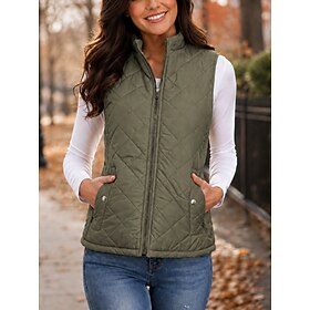 Women's Vest Warm Comfortable Zipper Pocket Casual Plain Casual Home Outdoor Vacation Regular Stand Collar Sleeveless Outerwear Black Wine Camel Fall Winter
