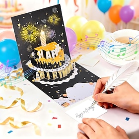 3D Pop-Up Music Birthday Card, LED Light Cake Greeting Card, 3D Music Greeting Card, Light and Music Happy Birthday Card Gifts for Birthday with Envelopes