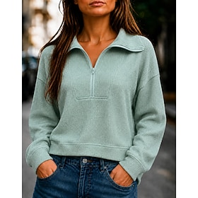 Women's Waffle Hoodies Warm Vintage Fuzzy Long Sleeve Half Zip Regular Tops Black Pink Green Apricot Coffee Fall Winter