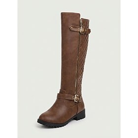 Women's Knee High Riding Boots with Side Zipper, Buckle Straps and Quilted Back, Comfortable Tall Boots for Fall Winter Casual Wear