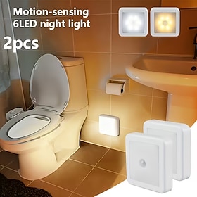 2-Pack Motion-Sensor LED Night Lights with Six LEDs and Modern Square Housing, Battery-Powered Wall, Floor or Ceiling Lights for Hallways, Stairs, Bathrooms, B