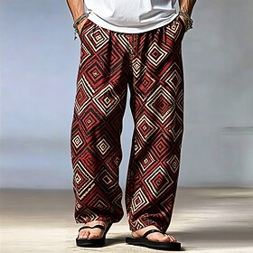 Men's Geometric Bohemian Trousers Pants Trousers Baggy Pants Mid Waist Ethnic Vintage Retro Casual Home Outdoor Drawstring Elastic Waist Wide Leg Summer Spring