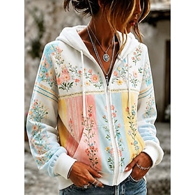 Women's Zip Up Hoodies Front Pocket Floral Graphic Geometric Active Western Ethnic Long Sleeve Hooded Regular Tops Casual Holiday Vacation Wear Blue Yellow Pin