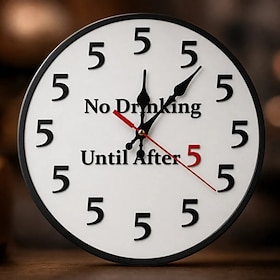 No Drinking Until After 5 Round Wall Clock, 12 Inch Silent Non-Ticking Decorative Clock, Funny Drinking Wall Art for Bar Kitchen Home, Easy Assembly, Unique Gi
