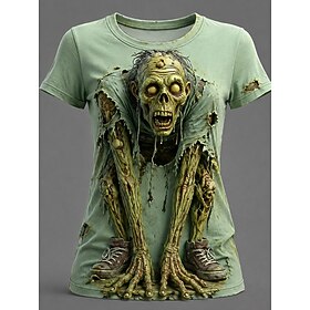 Halloween Women's T Shirt Print Graphic Skull Halloween Vintage Stylish Casual Short Sleeve Crew Neck Regular Tops Casual Daily Weekend Green Summer Spring Fal