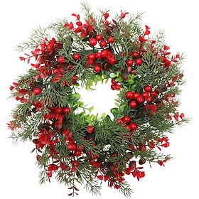 Christmas Wreath with Red Berries and Eucalyptus Leaves, 18 Inch Festive Holiday Door Hanging Wreath, Farmhouse Front Door Decor for Christmas Home Porch Wall