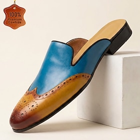 Men's Premium Genuine Leather Mule Loafers, Blue and Brown Two-Tone Wingtip Brogue Slip-On Shoes for Fashionable Men, Parties, Holidays and Smart Casual Wear