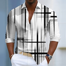 Men's Geometric Stripe Shirt Button Up Shirt Long Sleeve Fashion Casual Daily Vacation Spring Fall Turndown 3D Print Linen Like Shirt Blue White Light Brown Pu