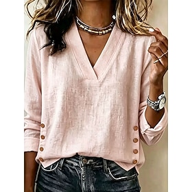 Women's Summer Tops Ruched Solid Color Plain Elegant Bohemia Fashion Long Sleeve V Neck Long Tops Casual Daily Going out Blue White Blush Pink Summer Spring Fa