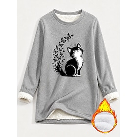 Women's Pullover Fleece Lined Sweatshirt Print Graphic Cat Warm Streetwear Casual Long Sleeve Crew Neck Regular Tops Casual Blue Light Pink Black Dark Pink Red