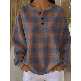 Women's Textured Pullover Sweatshirt Buttons Graphic Geometric Plaid Fashion Casual Print Long Sleeve Crew Neck Regular Tops Casual Street Blue Pink Red Spring