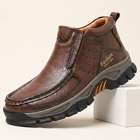 Men's Dark Brown Casual Ankle Boots, Moc-Toe Slip-On Walking Boots with Breathable Perforated Panels and Rugged Non-Slip Sole for Mature Men, Travel and Everyd
