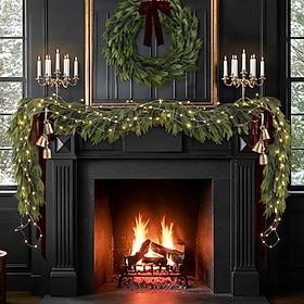 Christmas Garland with LED Lights, Real Touch Norfolk Pine Garland, Green Artificial Greenery Garland for Table, Mantle, String Light, Wall, Indoor, Outdoor Ch