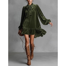 Women's Mini Dress Velvet Dress Elegant Fashion Daily Vacation Loose Fit Plain Long Sleeve Lace Up Neck Blue Green Fall Winter