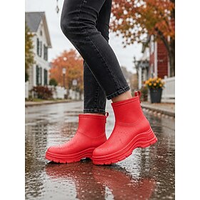 Women's Red Waterproof Ankle Rain Boots, Pull-On Short Wellies with Rear Pull Tab, Round Toe and Platform Non-Slip Lug Sole, Casual Outdoor Boots for Rainy Day