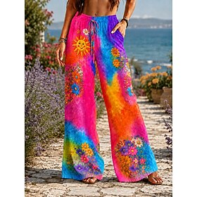 Women's Wide Leg Vacation Vintage Basic Full Length Mid Waist Floral Graphic Flower / Floral Print Comfort Inelastic Vacation Formal Yellow Red Summer Spring
