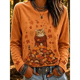 Women's T Shirt Print Graphic Animal Cat Vintage Stylish Classic Long Sleeve Crew Neck Regular Tops Casual Daily Orange Green Apricot Spring Fall Winter MAO