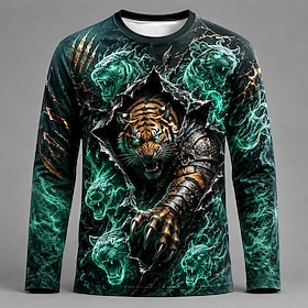 Men's Animal Lion Tiger T Shirt Long Sleeve T shirt 3D Print Crew Neck Shirt Funny Daily Vacation Street Black 1 Black Green Summer Spring Fall Clothing Appare