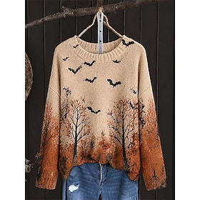 Halloween Women's Sweater Cute Streetwear Casual Graphic Pumpkin Skeleton Crew Neck Patchwork Knitted Long Sleeve Regular Tops Knit Orange Fall Winter