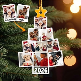 Personalized Christmas Tree Family Photo Ornaments Acrylic 2D Custom Picture Frame Decor Christmas Tree Xmas Decoration Hanging Pendant Gifts for Family and Fr