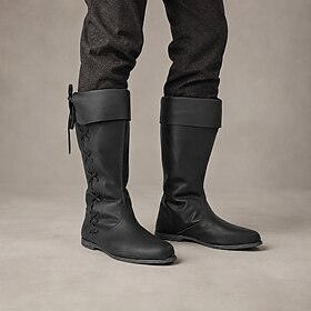 Botas altas negras para hombre de piel sintética, estilo motero, con puño doblado, detalle de cordones laterales y tacón plano, ideales para eventos medievales