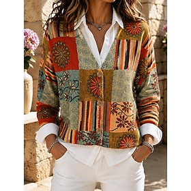 Women's Sweater Cardigan Elegant Vintage Fashion Floral Geometric Striped V Neck Patchwork Pocket Knitted Long Sleeve Regular Tops Knit Daily Outdoor Weekend K