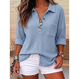 Women's Waffle Polo Shirts Texture Pocket Buttons Vintage Long Sleeve Turndown Casual Blue White Yellow Army Green Light Purple Spring Fall