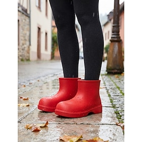Women's Red Wide Toe Box Short Rain Boots, Slip On Seamless Waterproof Wellies, Extra Round Toe Flat Rain Booties for Wide Feet, Rainy Daily Commute, Town Sigh