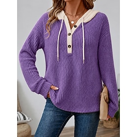 Women's Textured Sweatshirts Patchwork Buttons Vintage Long Sleeve Hooded Regular Tops Casual All colors and sizes are available in stock. Black Pink Red Navy