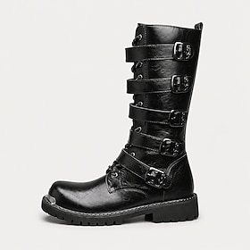 Men's Black Motorcycle Boots, Combat Boots with Multi-Buckle Lace-Up Design, Side Zipper, Lug Sole Metal Toe Cap, Mid-Calf Biker Boots for Riding, Punk Gothic