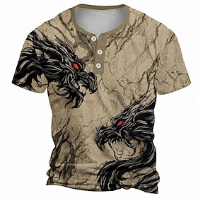 Men's Dragon Dark T Shirt Henley Shirt Short Sleeve Designer Retro Vintage Casual Casual Daily Street Summer Spring All Seasons Grey Navy Blue Khaki Henley Hen