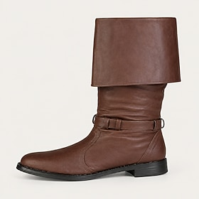 Men's Brown Knee High Boots Leather-Look Fold-Over Riding Boots with Buckle Strap  Low Heel, Pirate Boots for Renaissance Costume, Cosplay  Casual Wear