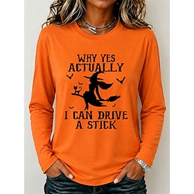 Halloween Women's T Shirt Print Graphic Letter Vintage Fashion Stylish Long Sleeve Crew Neck Regular Tops Casual Daily Weekend White Orange Green Summer Spring