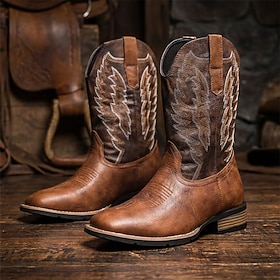 Men's Brown Western Cowboy Boots, Square-Toe Pull-On Boots with Eagle Wing Embroidery for Rugged Men, Ranch Work, Riding, Rodeos and Country Festivals