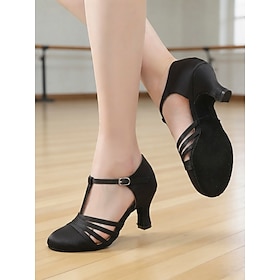 Women's Black Satin T-Strap Latin Ballroom Dance Heels, Adjustable Ankle Buckle Suede Sole Professional Dance Shoes for Salsa Waltz Training, Dance Training S