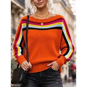 Women's Pullover Sweater Jumper Elegant Fashion Streetwear Striped Ribbed Off Shoulder Stripe Cold Shoulder Lantern Sleeve Long Sleeve Regular Tops Knit Khaki