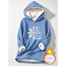 Women's Pullover Fleece Lined Hoodie Sweatshirt Print Graphic Letter Warm Fuzzy Long Sleeve Hooded Long Tops Casual Blue Light Pink Black Dark Pink Red Winter