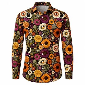 Retro Vintage Hippie 1970s Shirt Plus Size Long Sleeves Hippie Button Down Floral Daisy Spider web Point Fancy Dress Men's Halloween Masquerade Party Performan