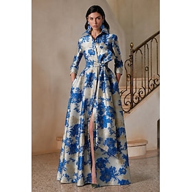 A-Line Floor Length Evening Gown Elegant Glittering Silky Long Sleeve Shirt Collar Garden Party Wedding Pocket Jacquard with Floral Print Bow(s) Slit