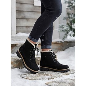 Women's Black Lace-Up Winter Ankle Boots, Faux-Fur Trimmed Combat Booties with Round Toe and Lug Sole, Warm Casual Style for Casual Commute, Countryside Walks