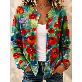 Women's Sweaters Cardigan Blouse Buttons Print Ombre Floral Graphic Fashion Daily Casual Long Sleeve Crew Neck Regular Tops Casual Daily Outdoor Yellow Red Pur