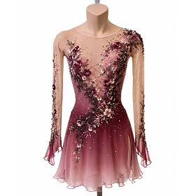 Figure Skating Dress Women's Ice Skating Dress Burgundy Patchwork Open Back Stretchy Training Competition Skating Wear Classic Crystal / Rhinestone Long Sleeve