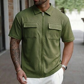 Men's Waffle T-shirt T Shirt Short Sleeve Shirt Tee Top Short Sleeve Crew Neck Summer Spring Plain Streetwear Stylish Casual Zip Up Daily Outdoor Vacation Whit