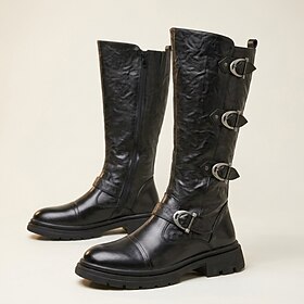 Men's Distressed Black Knee-High Biker Boots, Side-Zip Motorcycle Boots with Multi-Buckle Straps, Cap Toe and Lug Sole for Edgy Men, Riding, Concerts and Gothi