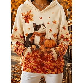 Women's Sweatshirts Patchwork Pocket Print Floral Graphic Cat Casual Long Sleeve Hooded Regular Tops Casual Street Dailywear Beige Spring Fall Winter