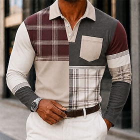 Men's Color Block Geometic Polo Shirts Long Sleeve Polo Shirts Lapel Business Casual Business Office Daily Wear 3D Print Buttons Fall  Winter Blue Wine Green