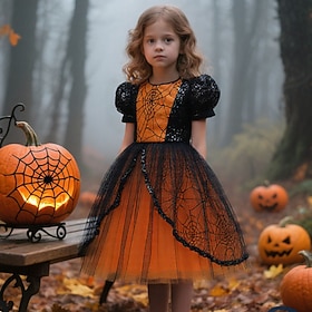 Halloween Dress Party Costume Witch Pumpkin Spider Web Cute Punk Fashion Gothic Kid's Girls' Halloween Carnival Party Performance Easy Halloween Costumes Dress