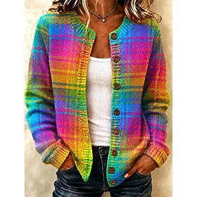 Women's Cardigan Sweater Cardigan Fashion Daily Stylish Graphic Crew Neck Knitted Print Long Sleeve Long Tops Knit Blue Yellow Spring Fall